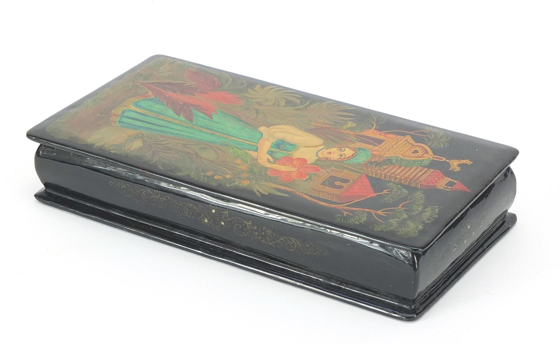 Russian rectangular lacquered box, the front depicting a female holding a fan standing before