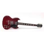 Red lacquered Gibson Epiphone six string electric guitar, serial number S01015681, 100cm in length