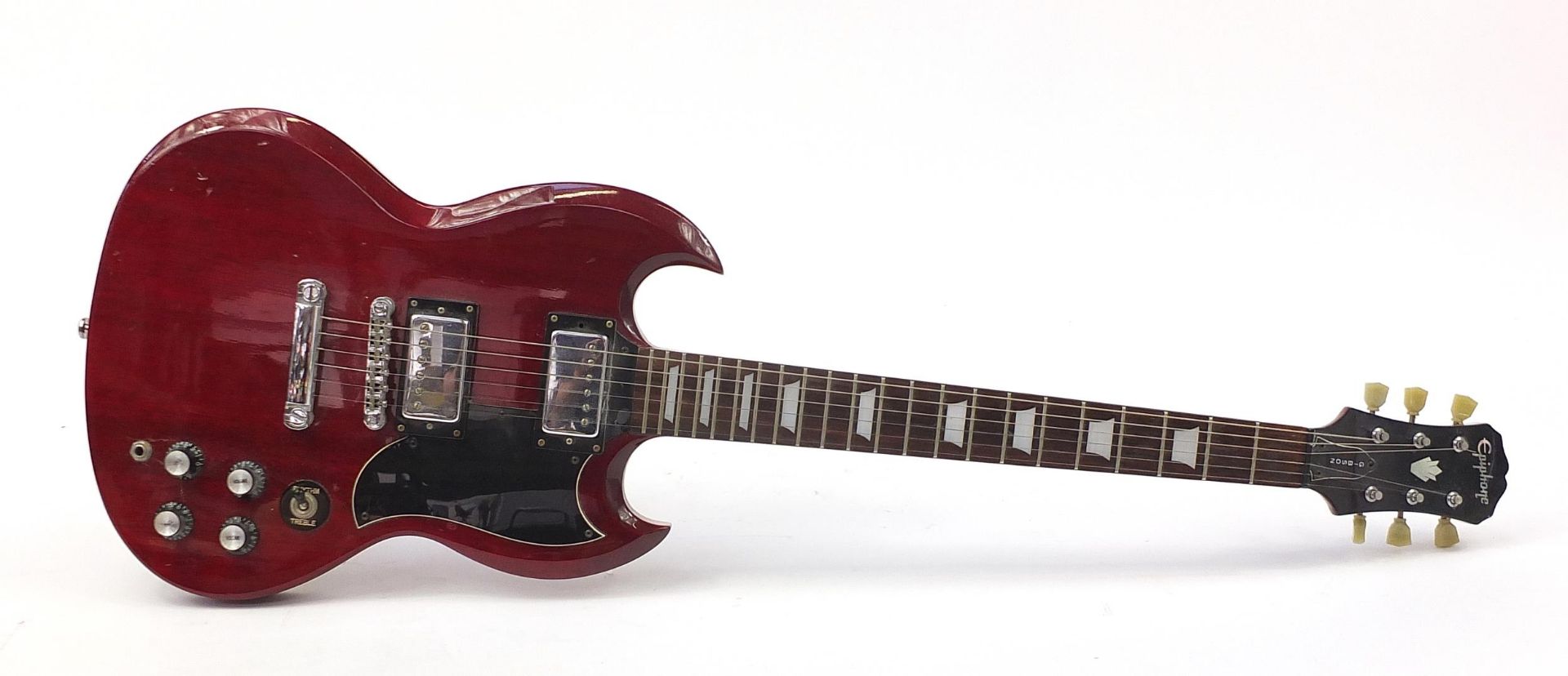 Red lacquered Gibson Epiphone six string electric guitar, serial number S01015681, 100cm in length