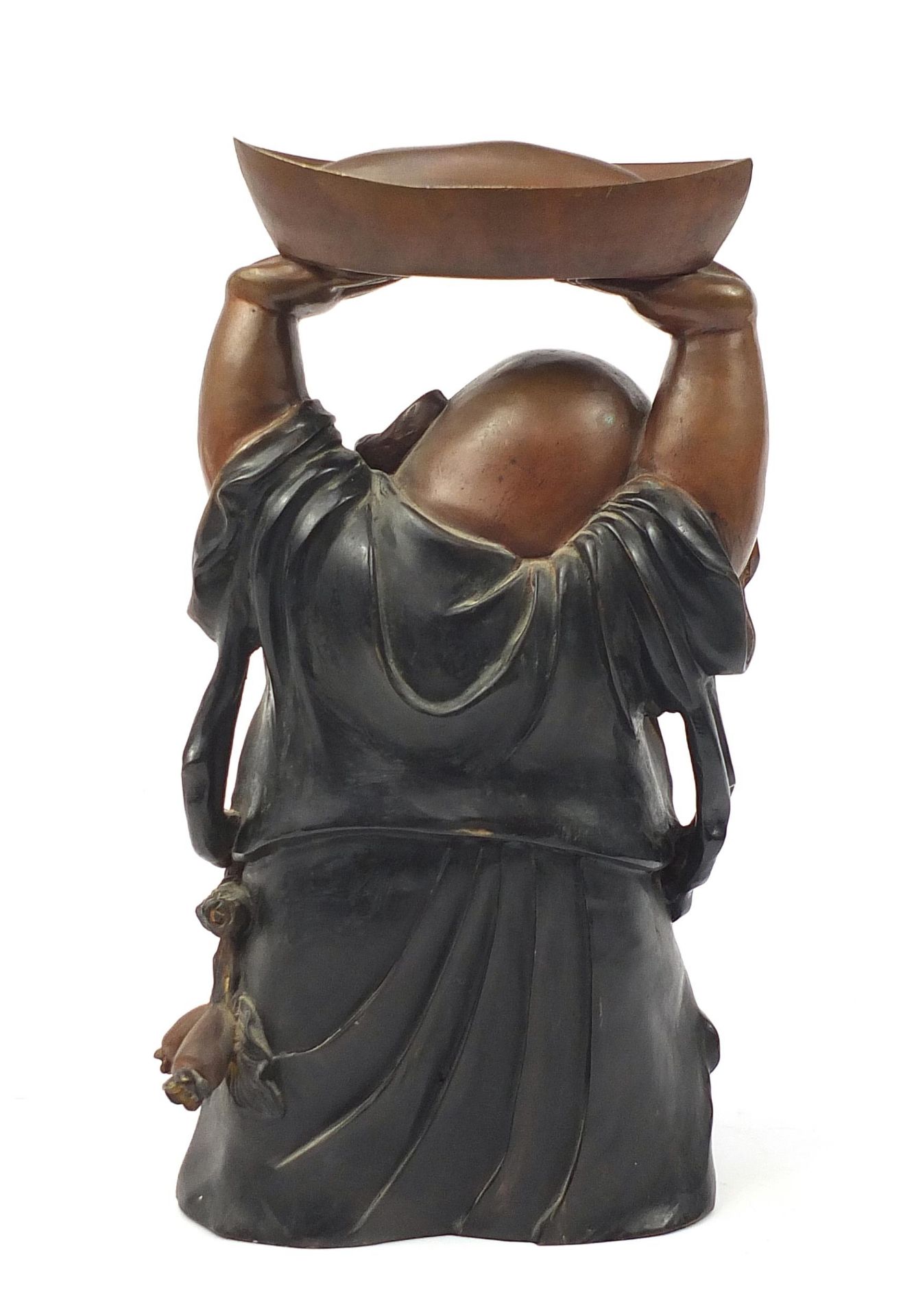 Large Chinese patinated bronze figure of Buddha with his hands above his head holding a vessel, 48cm - Image 3 of 6