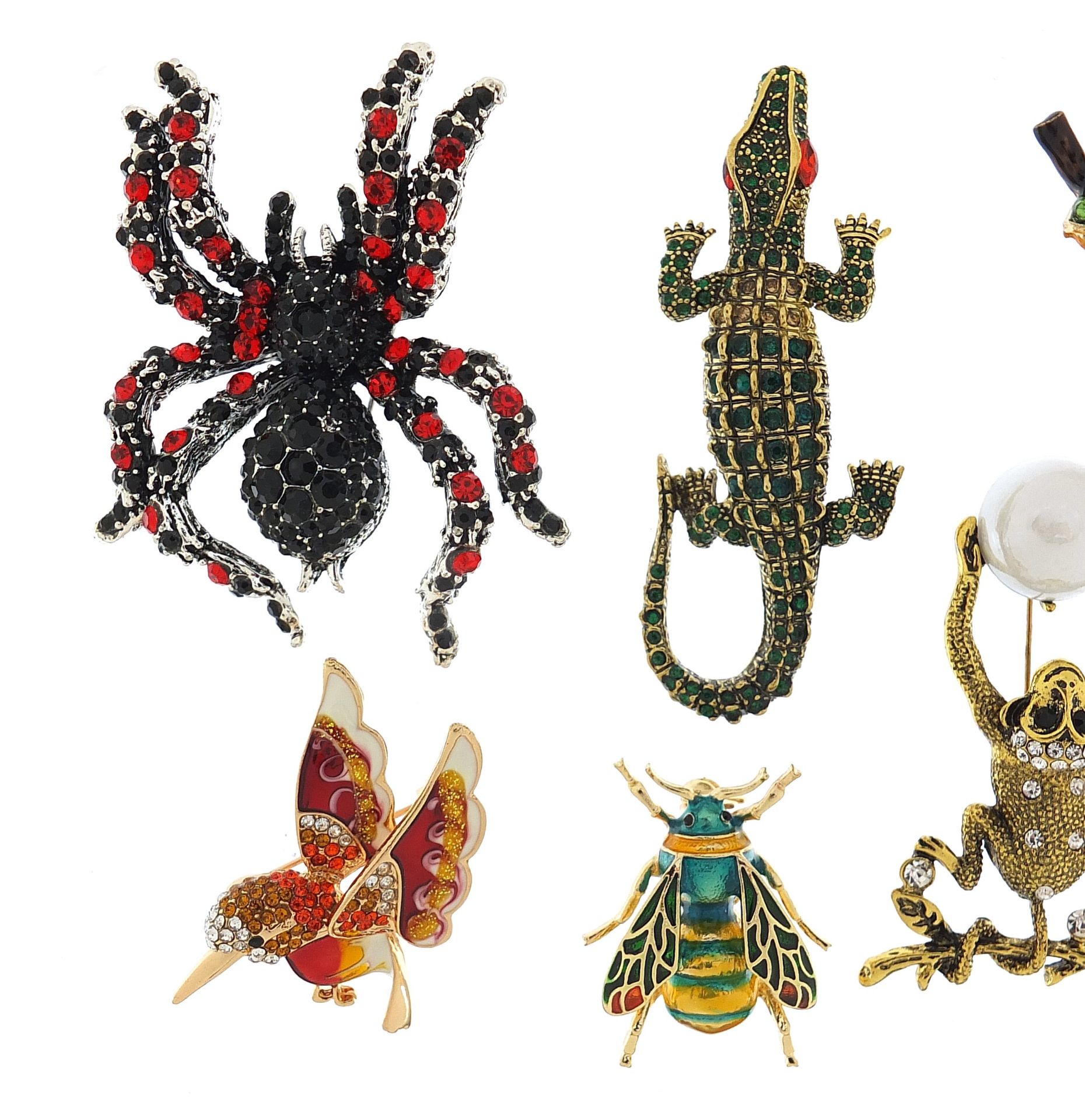 Six jewelled and enamel animal and insect brooches including chameleon, humming bird, monkey and - Image 2 of 4