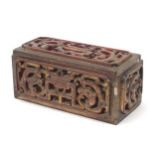 Chinese lacquered wood casket carved with mythical dragons, 16.5cm H x 35.5cm W x 17cm D