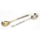 Two Russian silver niello work spoons, one with impressed marks for Ivan Yefimovich Konstantinov,