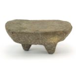 Antique stone three footed headrest, possibly Egpytian or Chinese, 9cm H x 21.5cm W x 14cm D