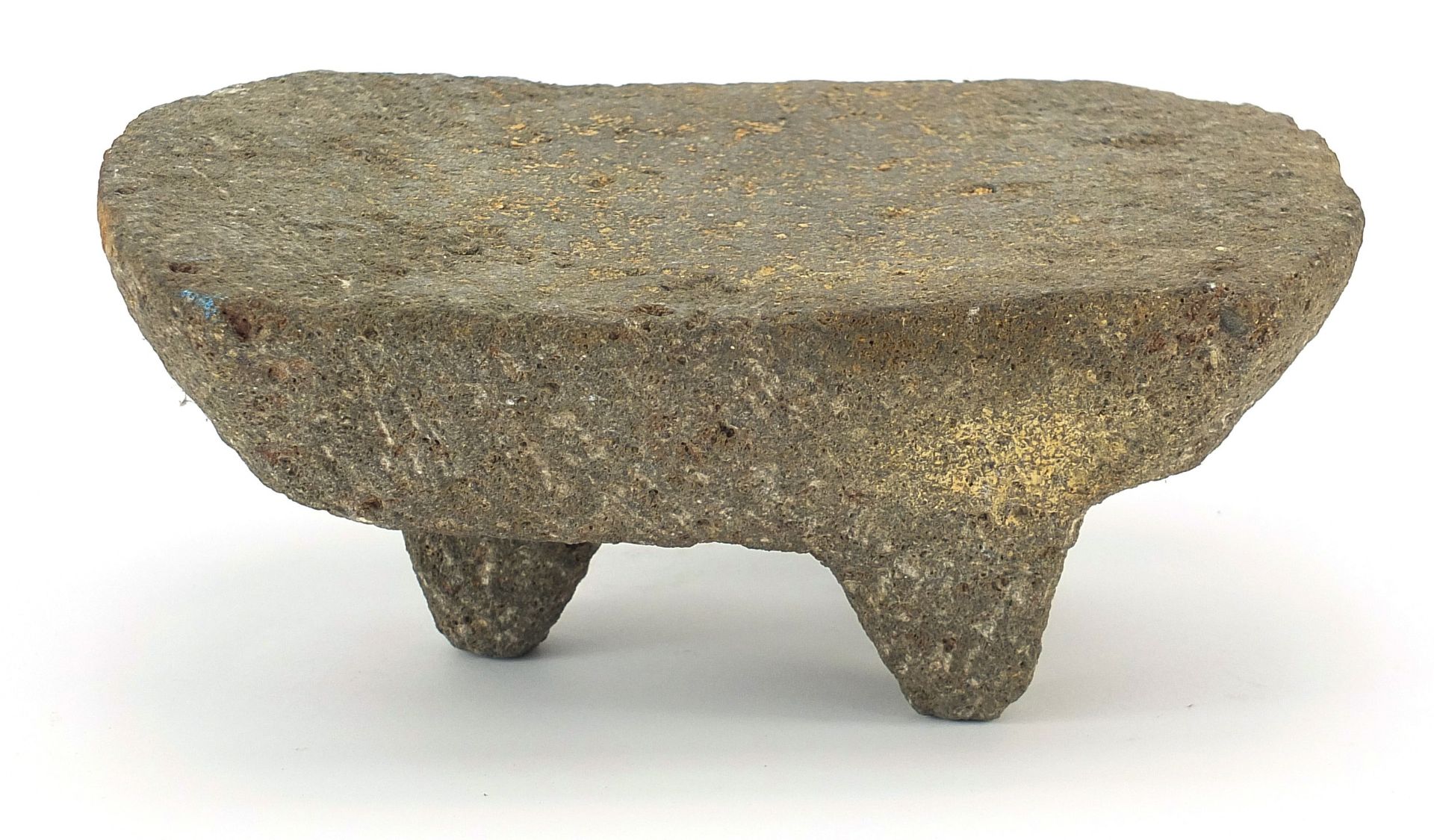 Antique stone three footed headrest, possibly Egpytian or Chinese, 9cm H x 21.5cm W x 14cm D
