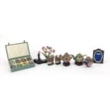 Chinese cloisonne and enamel including miniature teapots, chickens and a box set of eight