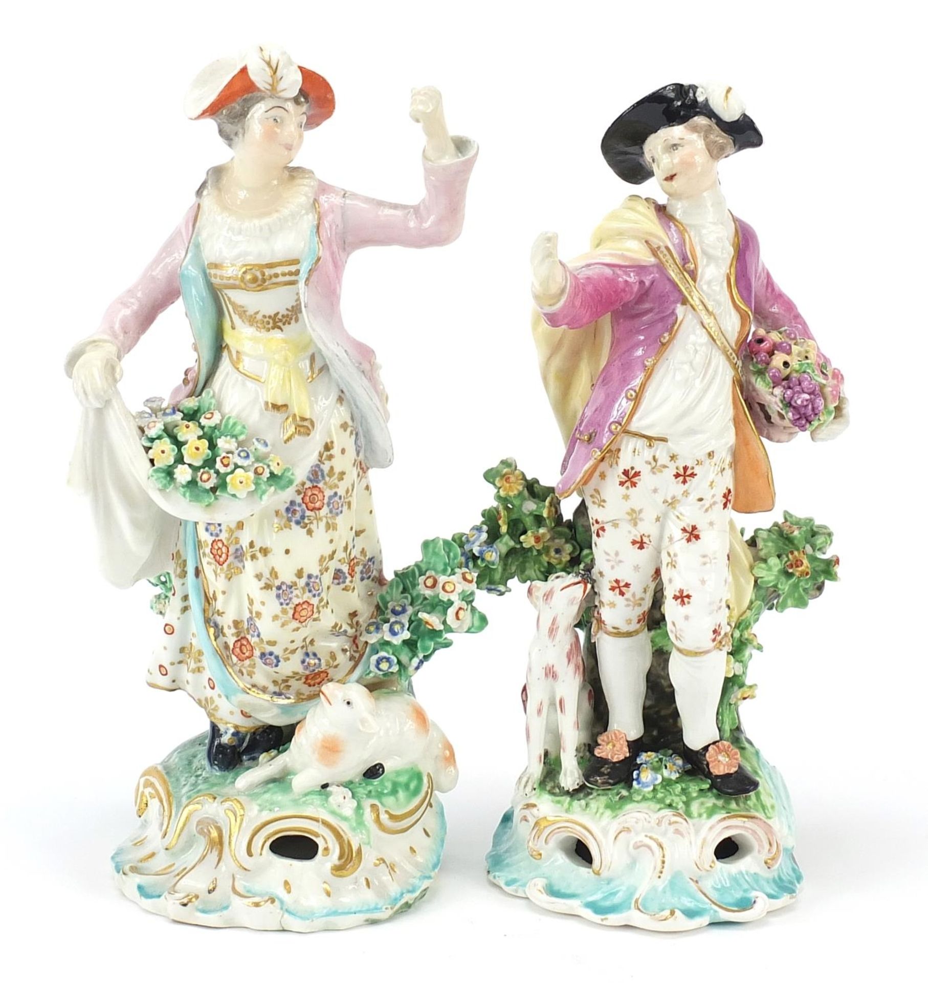Pair of 18th century Derby porcelain figures of a shepherd and shepherdess, each incised N55 to