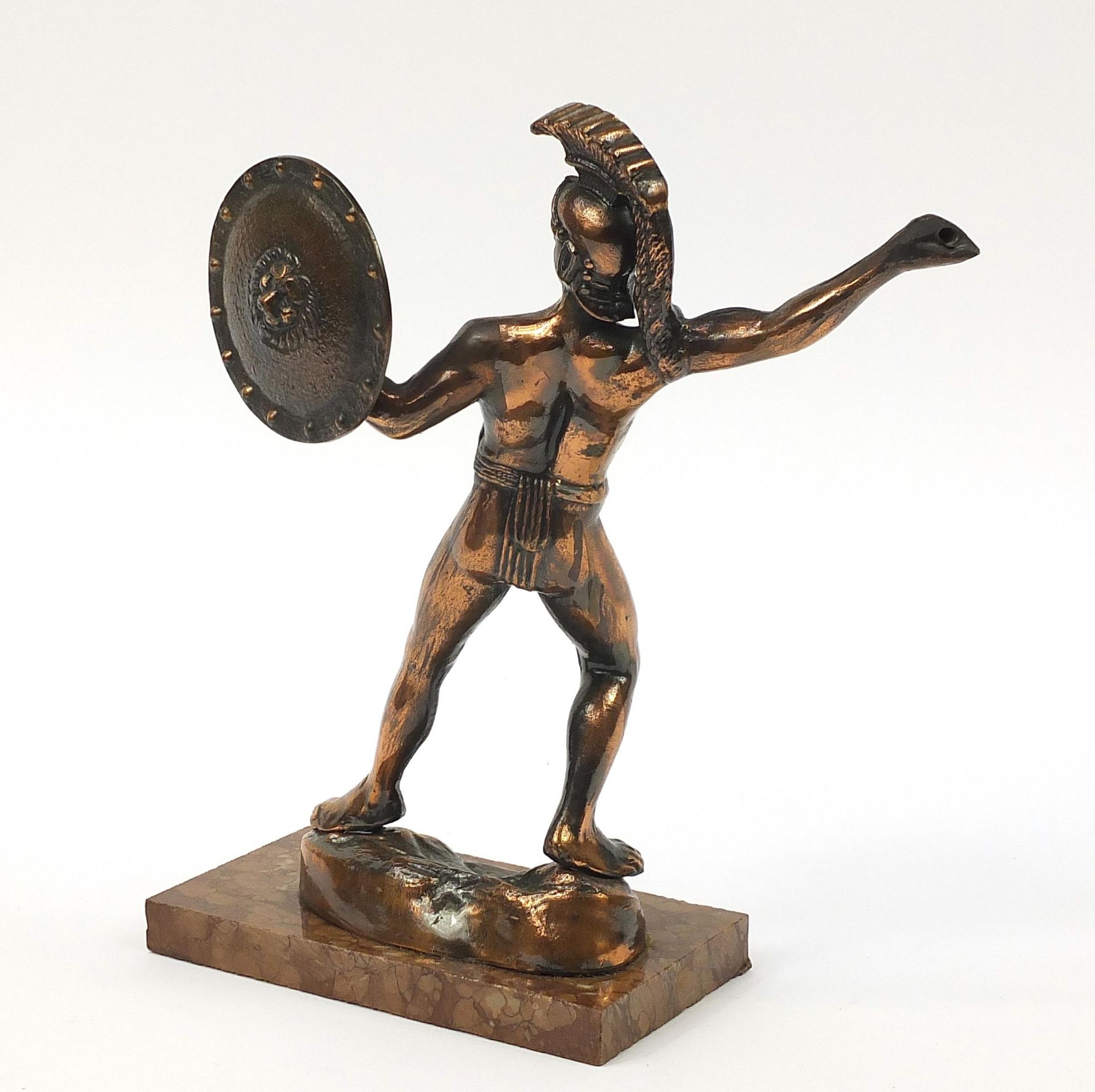 Bronzed figure of a Roman style warrior holding a shield standing on a marble plinth, 31cm high - Image 3 of 4