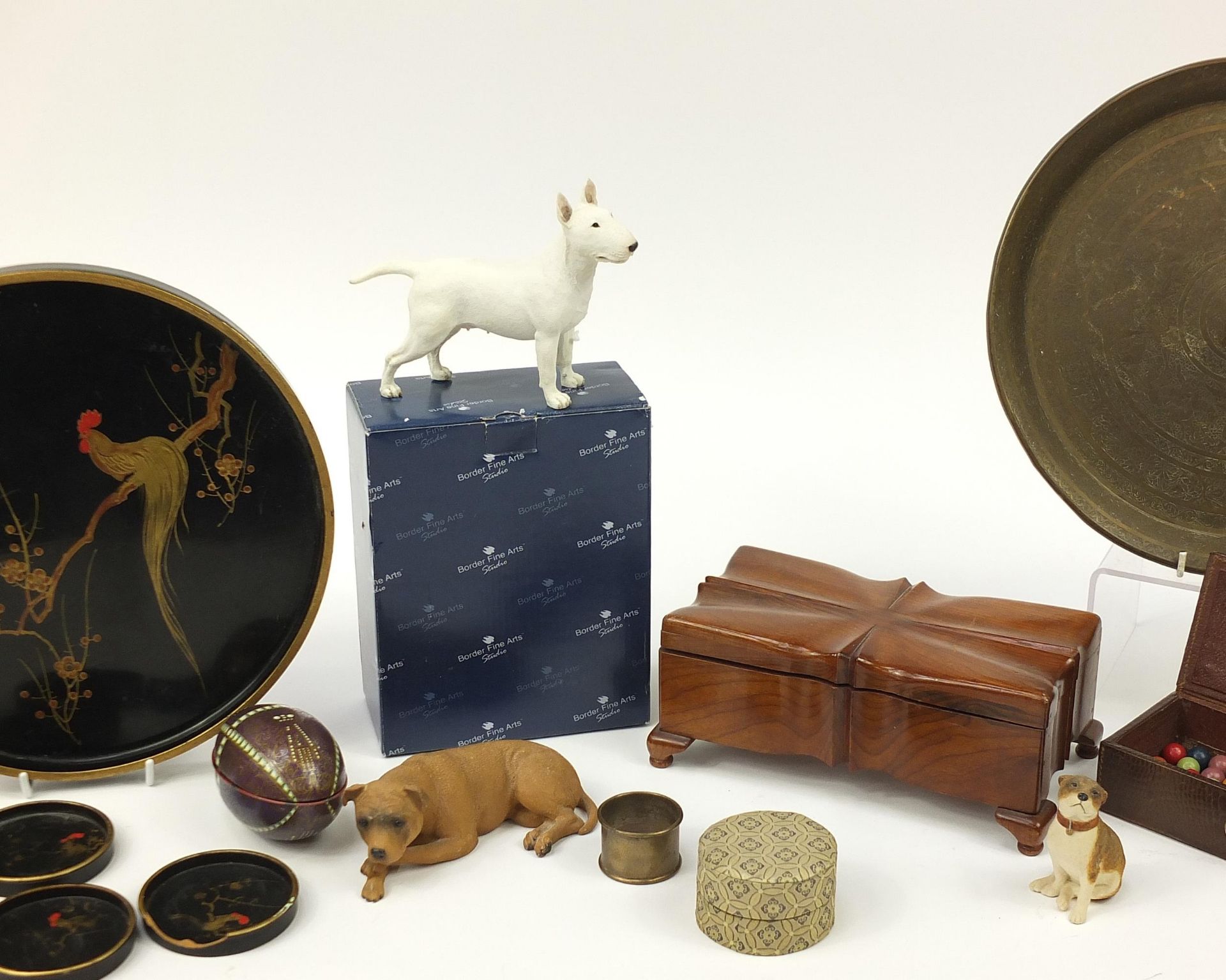 Sundry items including dogs, brass trays, cherubs and wooden box, the largest 30cm in diameter - Image 3 of 4