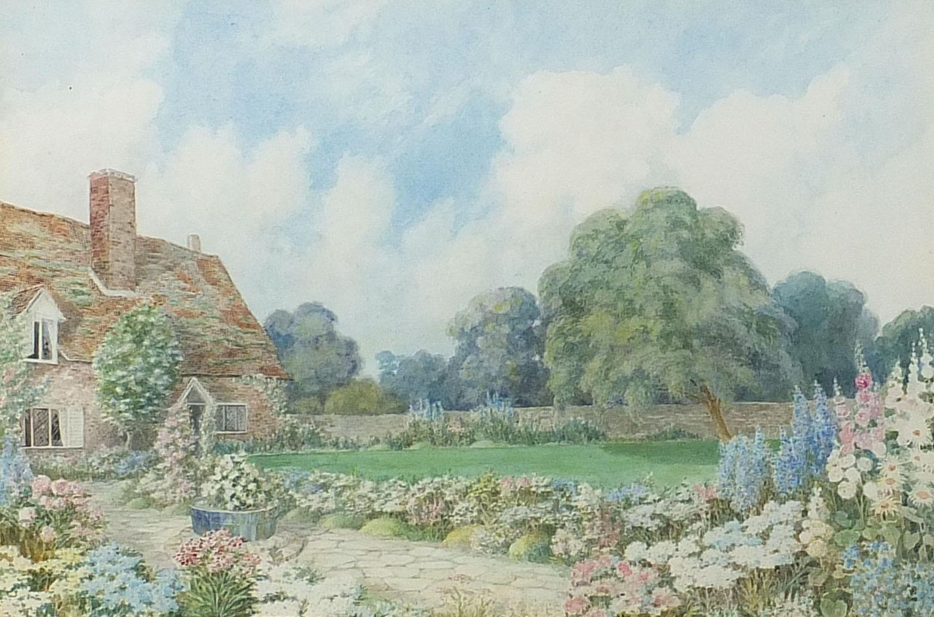 Cottage garden with flowers, Surrey, watercolour, indistinct details verso, mounted, framed and