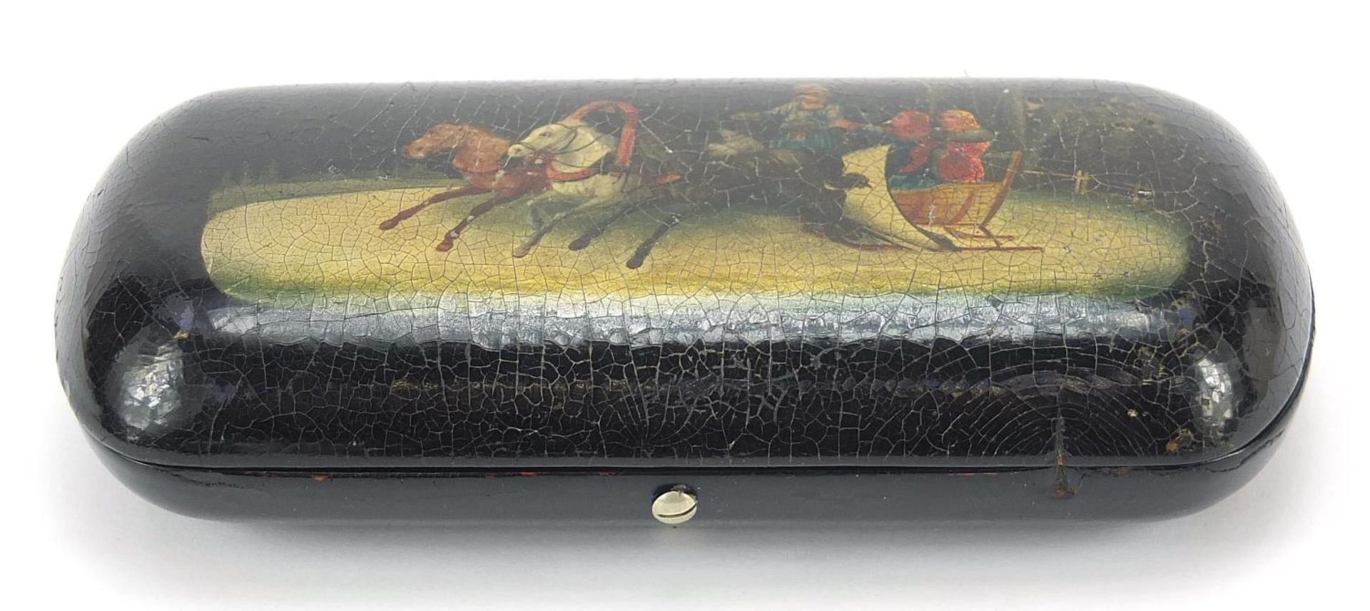 Russian black lacquered papier mache cigarette case hand painted with a Troika, 14cm wide - Image 3 of 5