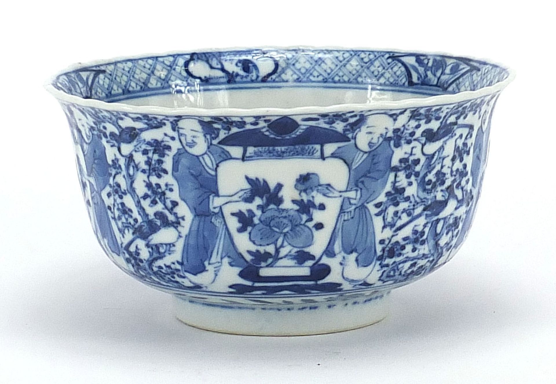 Chinese blue and white porcelain bowl, hand painted with figures holding vases and birds amongst