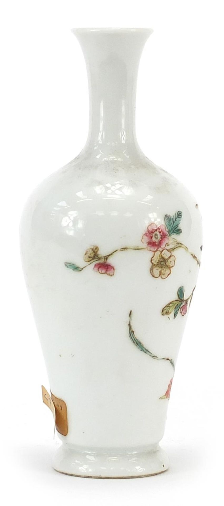 Chinese porcelain vase hand painted in the famille rose palette with a bird amongst flowers, four - Image 4 of 8