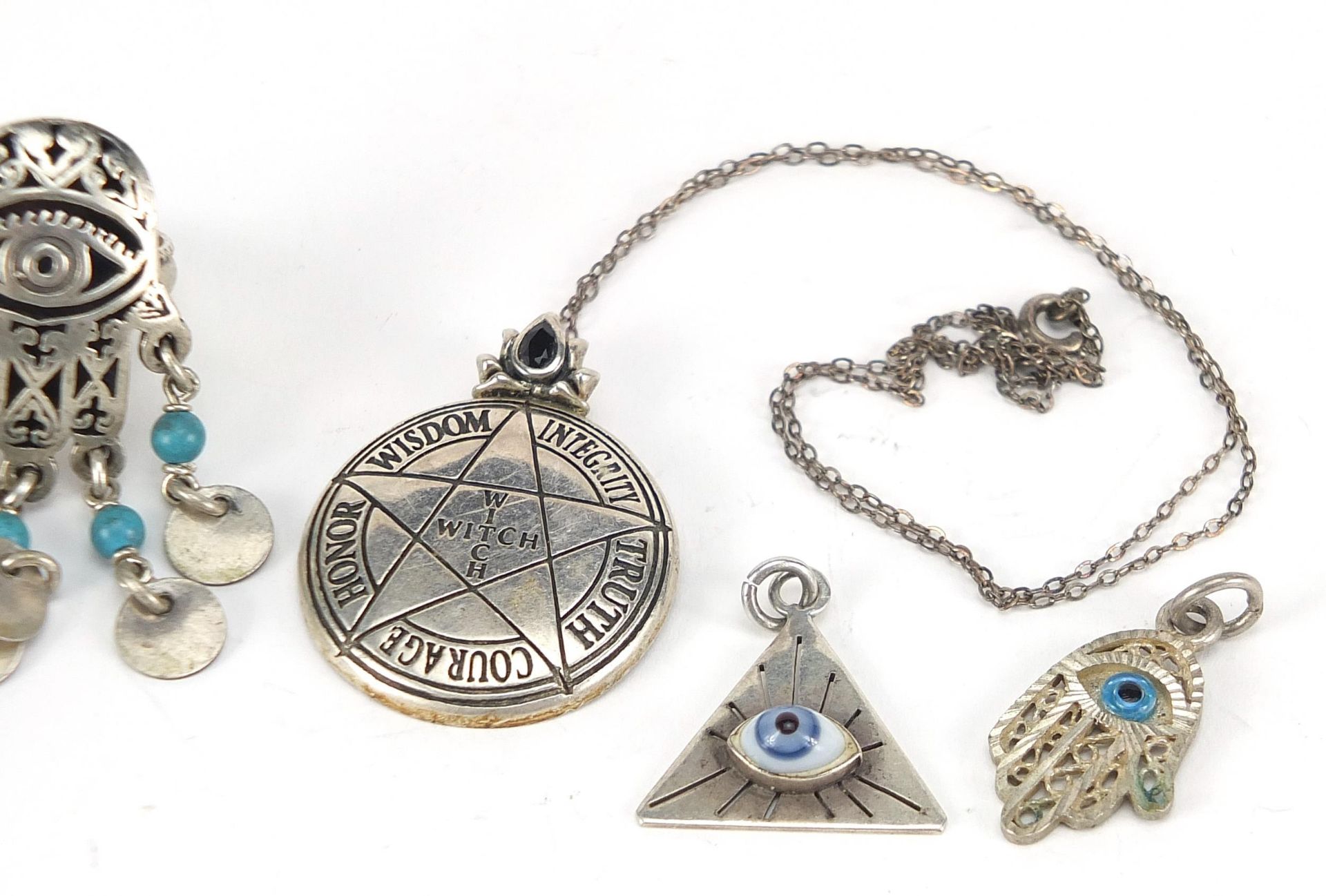 Silver jewellery including human skull design earrings, all seeing eye ring and pendant and a - Image 3 of 6