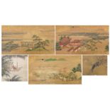 Five Chinese watercolours on paper including figures beside pagodas and figures in a boat, unframed,