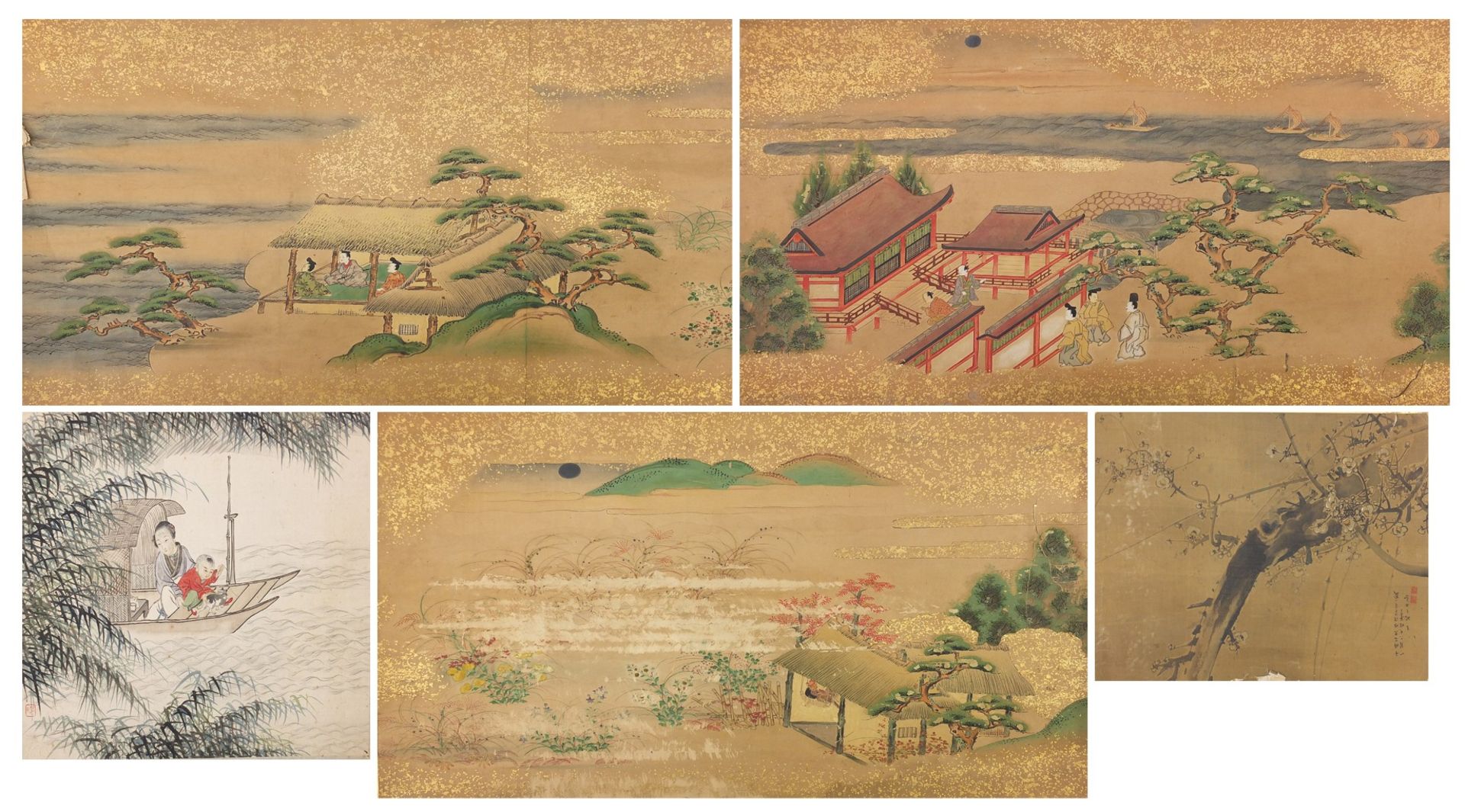 Five Chinese watercolours on paper including figures beside pagodas and figures in a boat, unframed,