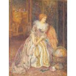 Seated lady in an interior beside a globe, Pre-Raphaelite watercolour, mounted, framed and glazed,