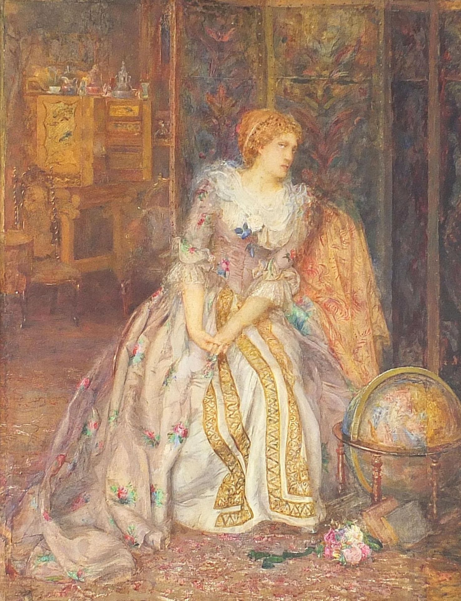 Seated lady in an interior beside a globe, Pre-Raphaelite watercolour, mounted, framed and glazed,