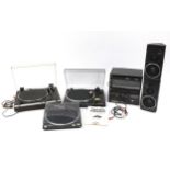 Three turntables and Technics stacking system with speakers comprising stereo tuner ST-3,