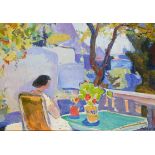 Figure seated at a table before a landscape, Russian school oil on board, indistinctly signed, Nixon