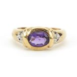 9ct gold amethyst and diamond ring, size L, 3.6g