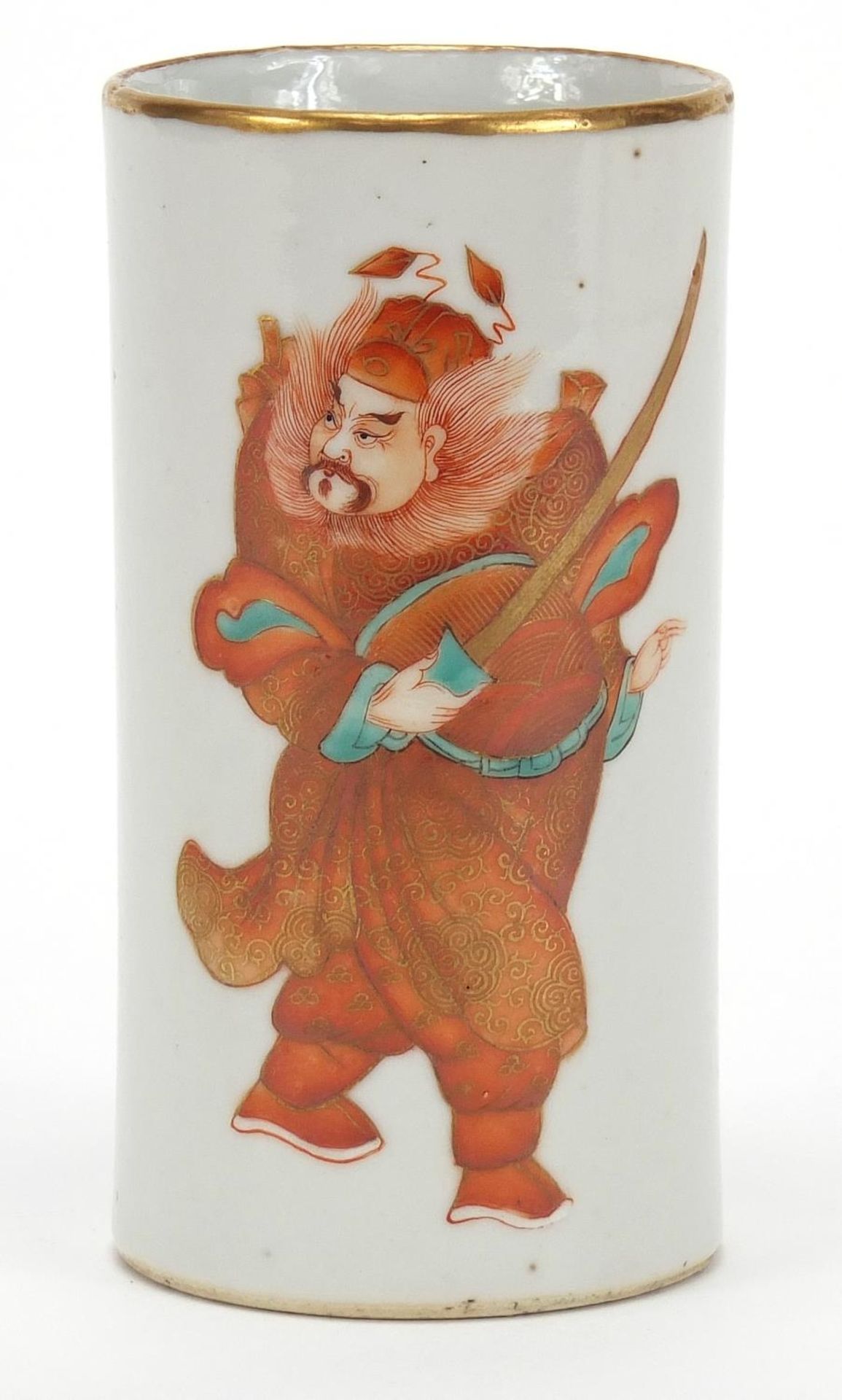 Chinese porcelain cylindrical brush pot finely hand painted in iron red with a warrior and two bats,