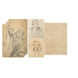 Art Deco female, portraits and figures in Georgian dress, four ink and pencil drawings, three