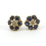 Pair of 9ct gold sapphire and diamond flower head earrings, 7mm in diameter, 1.3g