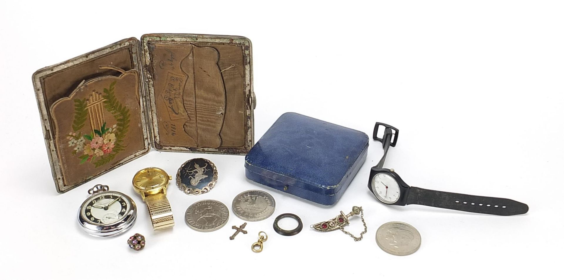 Antique and later jewellery and objects including Siam silver niello work brooch, Ingersoll pocket
