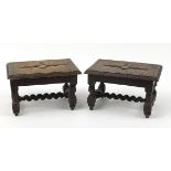 Pair of carved oak wooden stool with barley twist stretchers, 19cm H x 30cm W x 21cm D