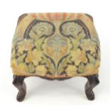 Carved mahogany stool with William Morris design upholstery, 22cm high
