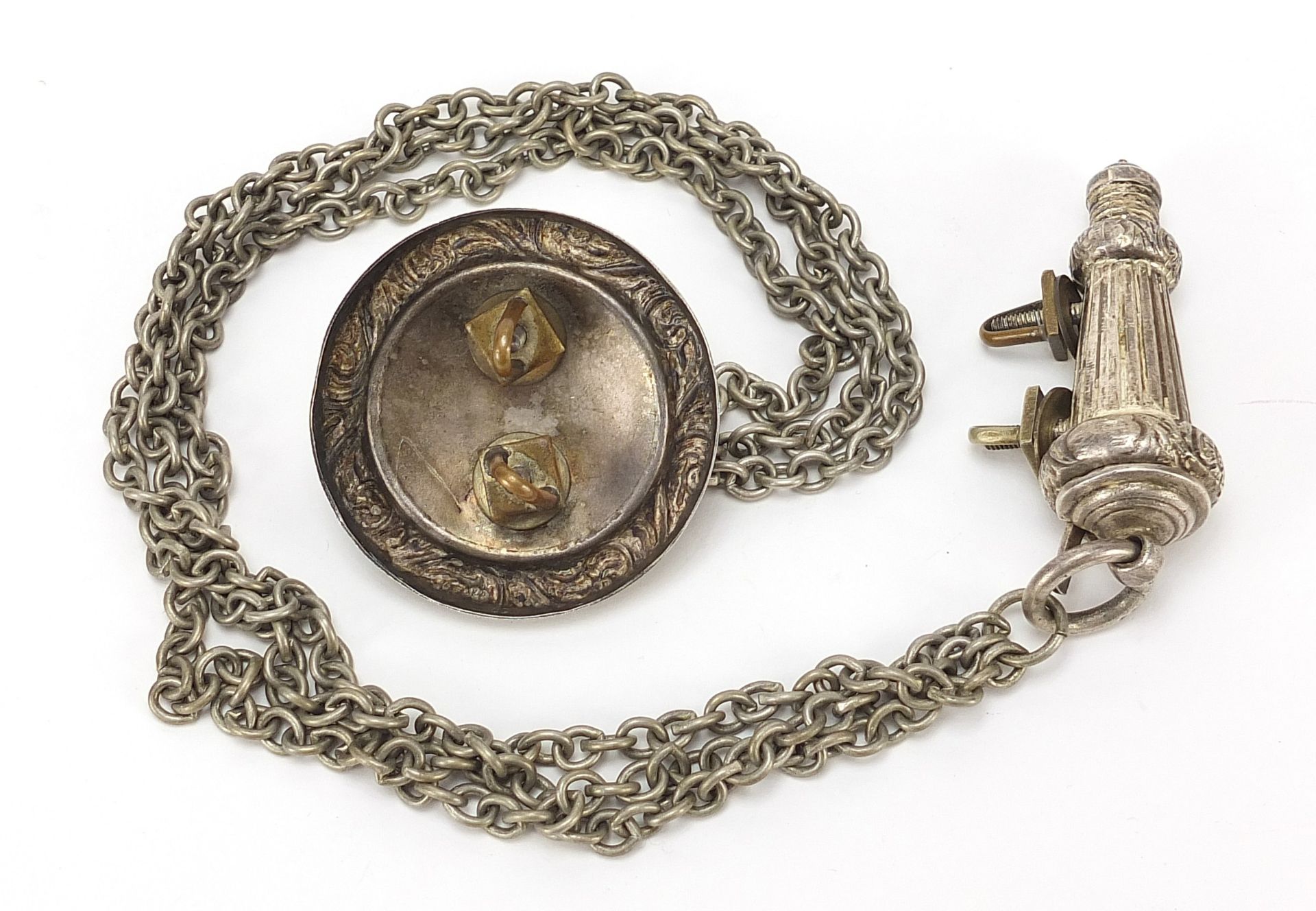Military interest silver plated silver whistle on chain with lion mask anchor plate, overall 50cm in - Image 4 of 4