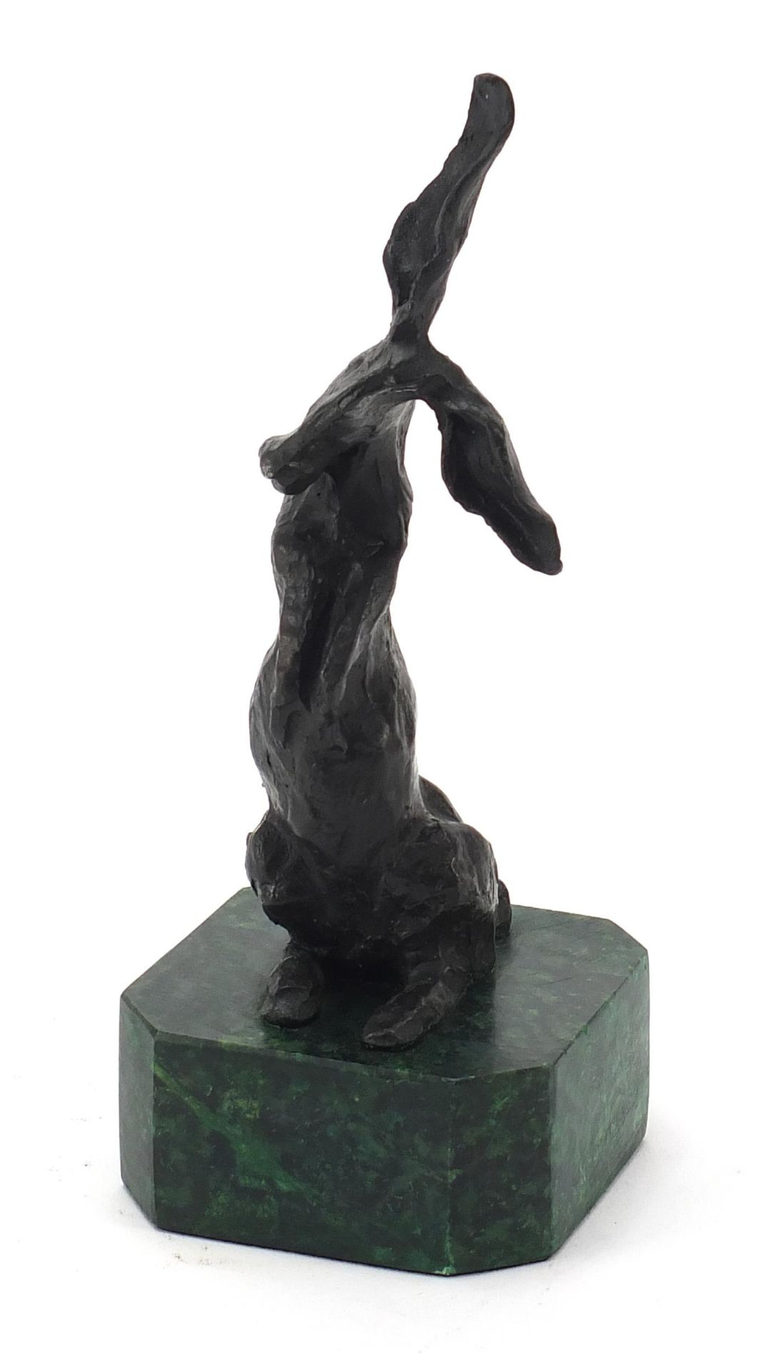 Mid century design patinated bronze sculpture of a seated rabbit raised on a green marbleised