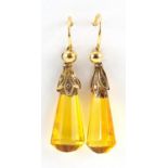 Pair of 9ct gold citrine drop earrings, 3cm high, 2.3g