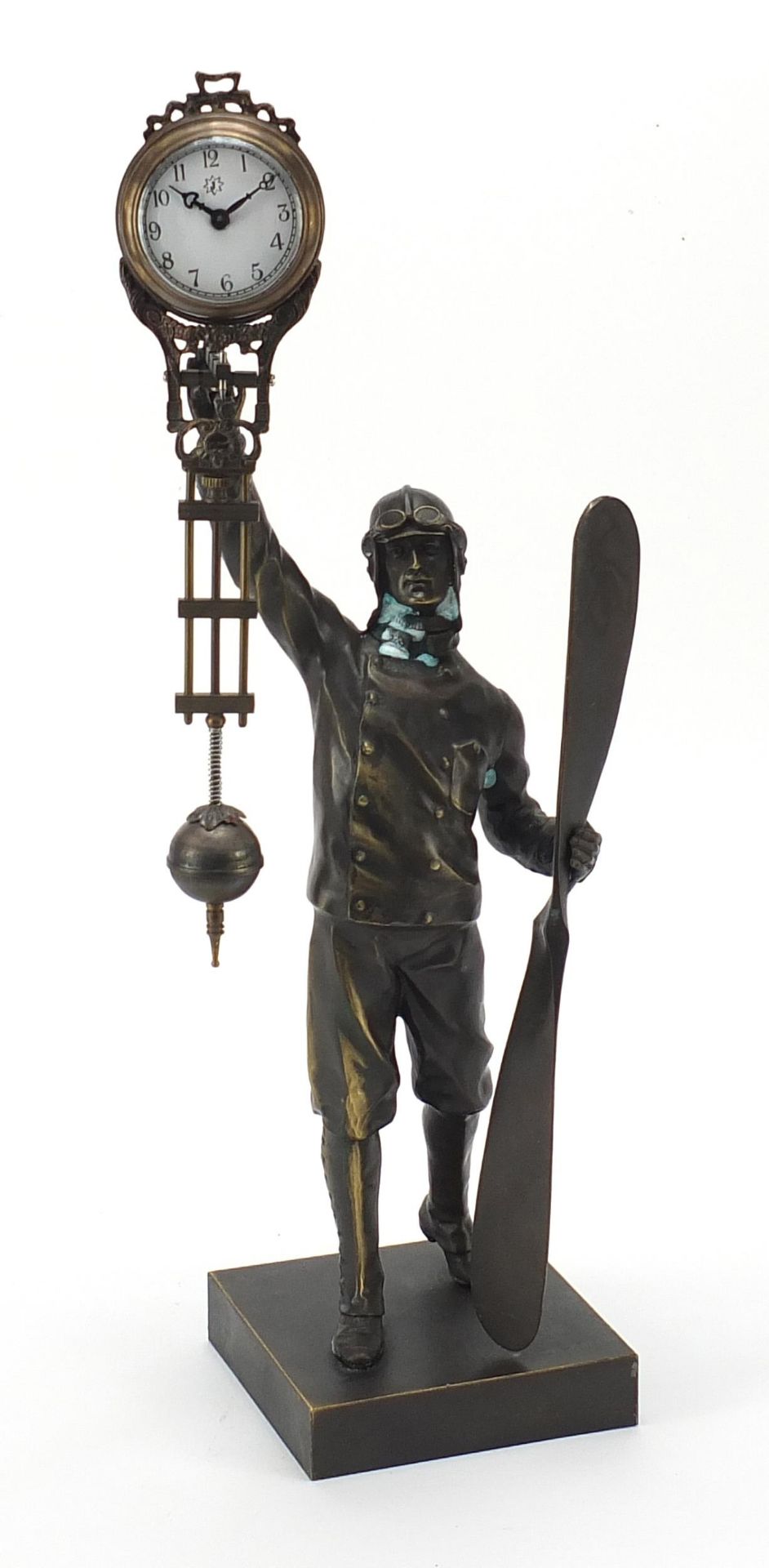 Patinated bronze military interest mystery clock in the form of a pilot, 37cm high