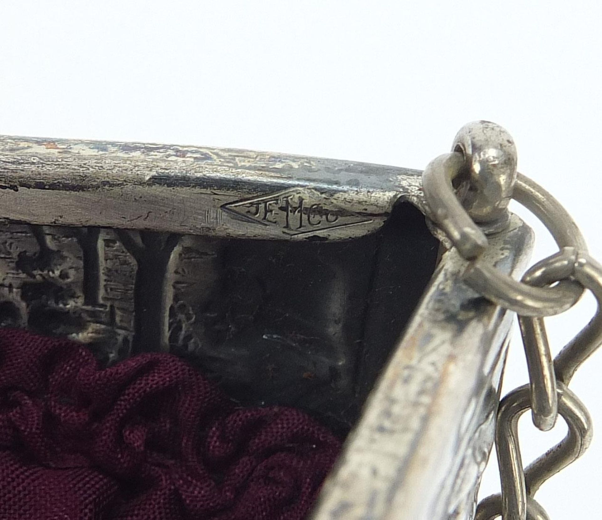 Vintage part silk ladies bag with silver coloured mount embossed with figures and windmills, - Image 3 of 3