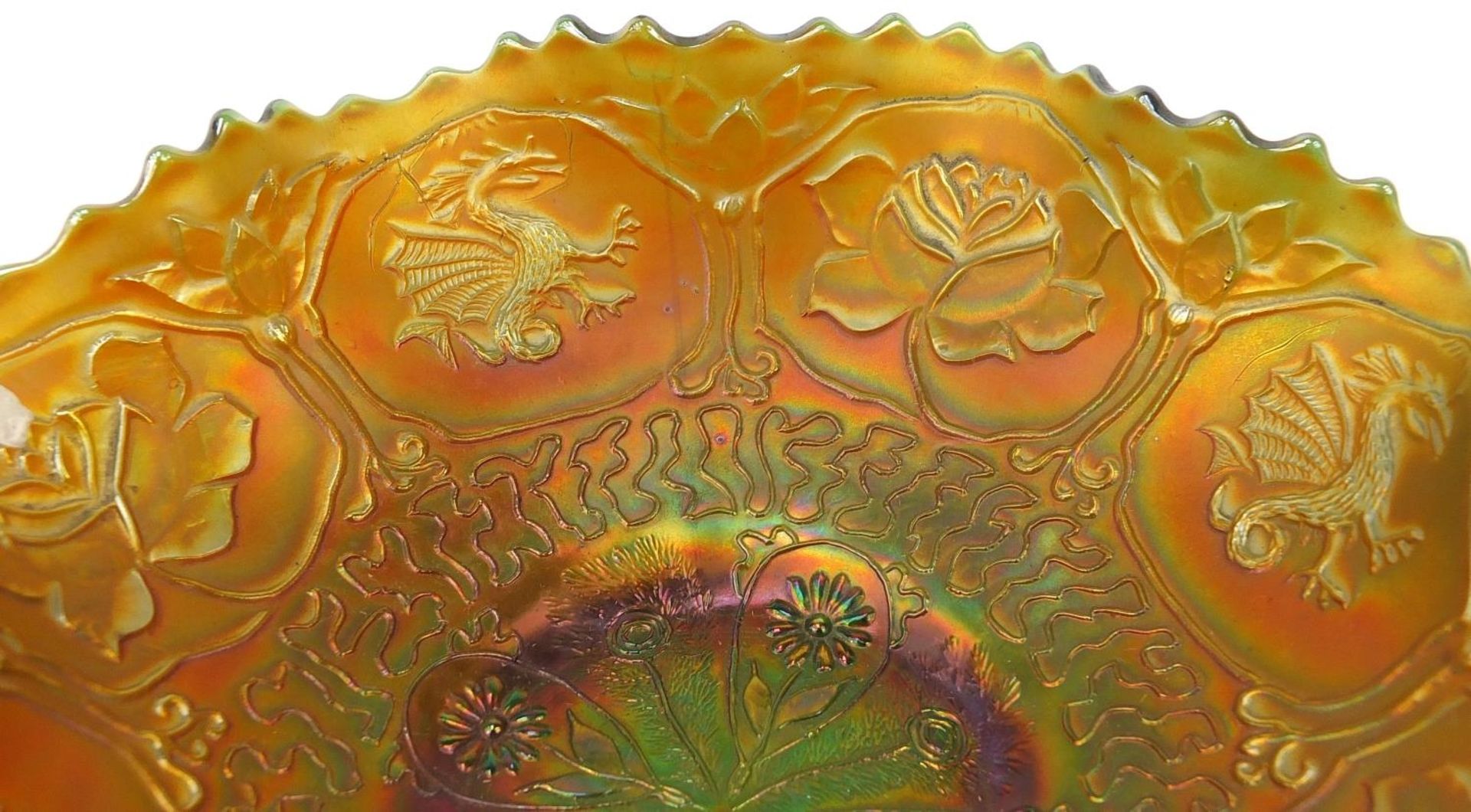 Five Victorian carnival glass dishes to include two with peacocks on a fence, two with dragons and a - Image 8 of 9