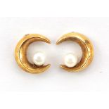 Pair of 9ct gold and pearl moon crest stud earrings, 1cm high, 1.8g