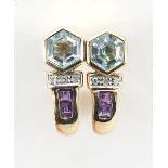 Pair of 9ct gold aquamarine, amethyst and diamond stud earrings, 1.7cm high, 3.3g