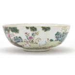 Chinese porcelain famille rose bowl with goats, red six figure character marks to the base, 22cm