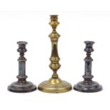 19th century brass candlestick and pair of silver plated telescopic candlesticks, the largest 29.5cm