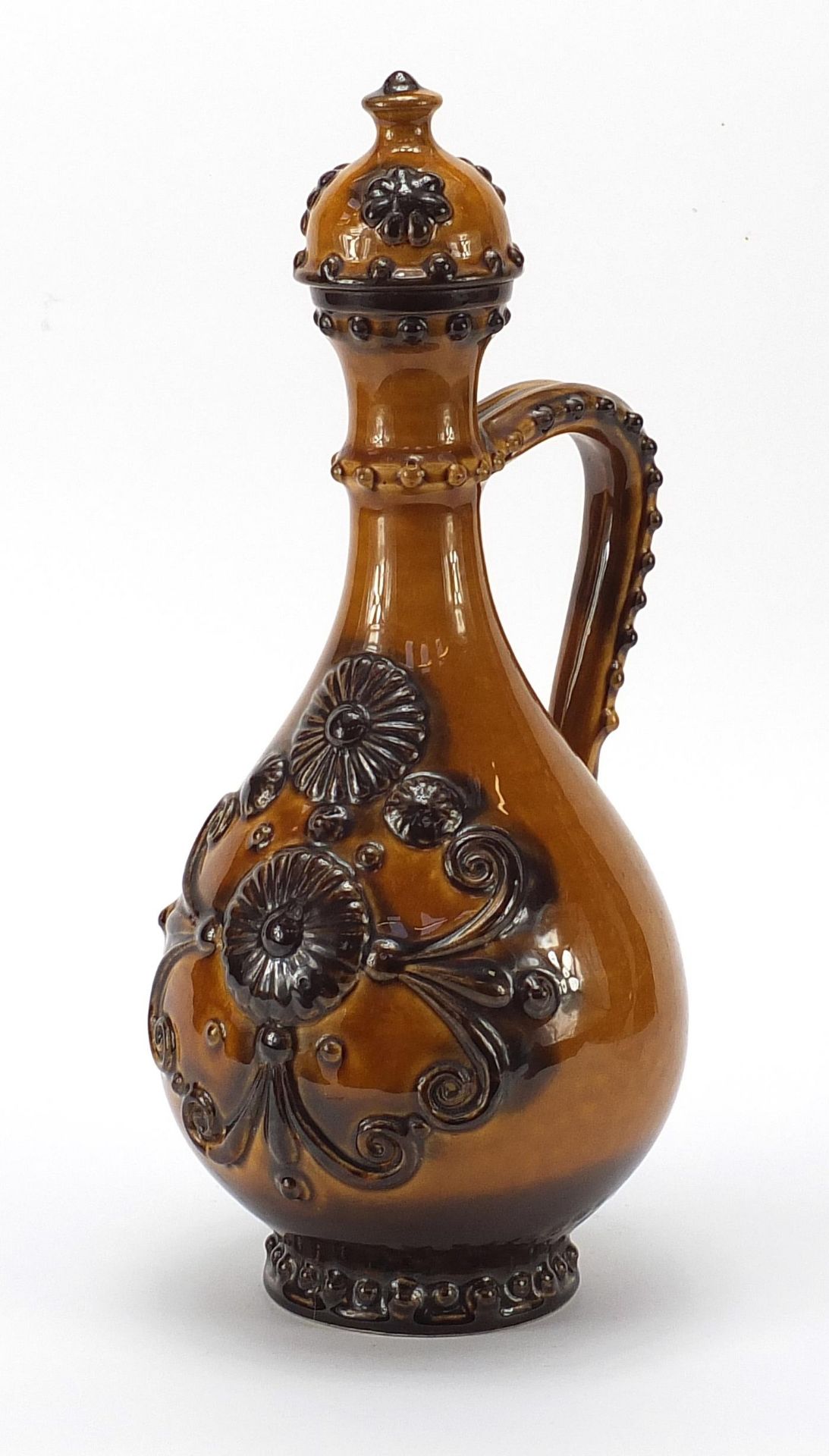 Zsolnay Pecs, Hungarian lidded wine pot decorated in relief with flowers, numbered 162 to the