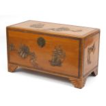 Chinese camphor wood trunk carved with landscapes and junks, 60cm H x 105cm W x 51cm D