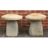 Pair of stoneware garden toadstool seats, 45cm high