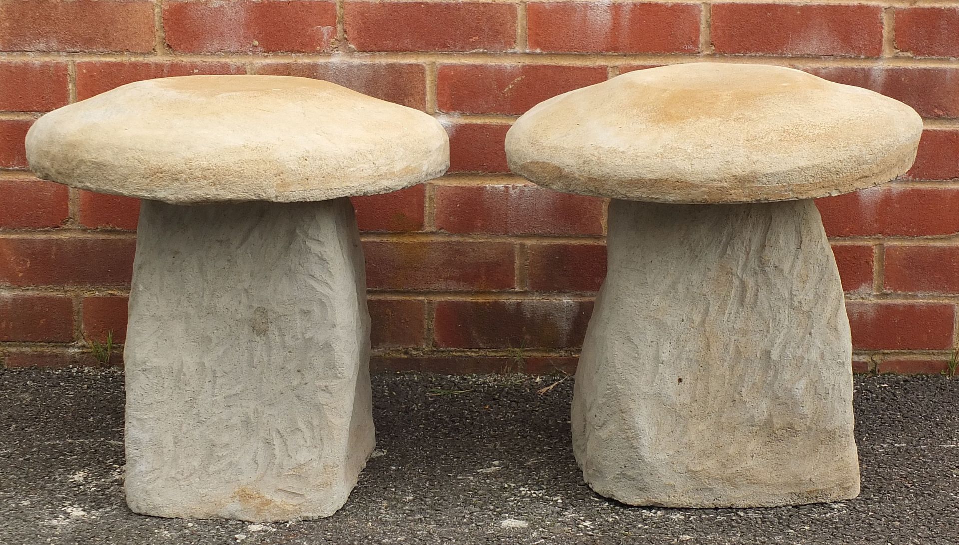 Pair of stoneware garden toadstool seats, 45cm high