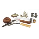 Sundry items including a Chinese wood bowl carved with dragons, Gurkhas kukri knife and silver