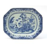 Chinese blue and white porcelain platter hand painted with two cranes in a landscape and flowers,