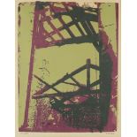 J M Sexton - Burnt roof, silk screen print, mounted, framed and glazed, 50cm x 38.5cm excluding