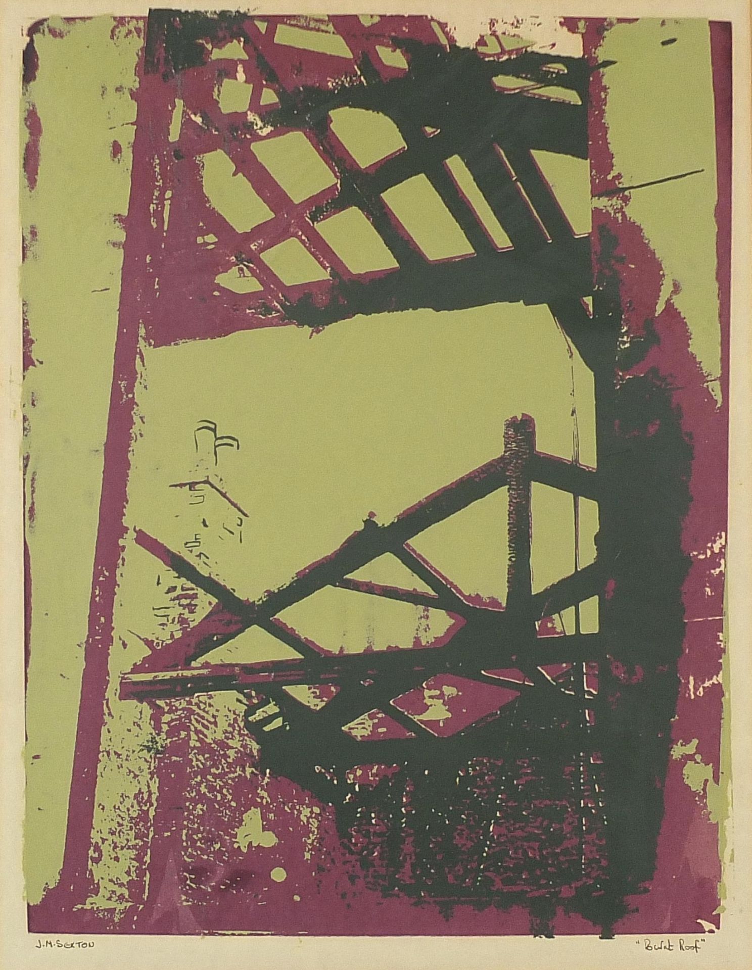 J M Sexton - Burnt roof, silk screen print, mounted, framed and glazed, 50cm x 38.5cm excluding