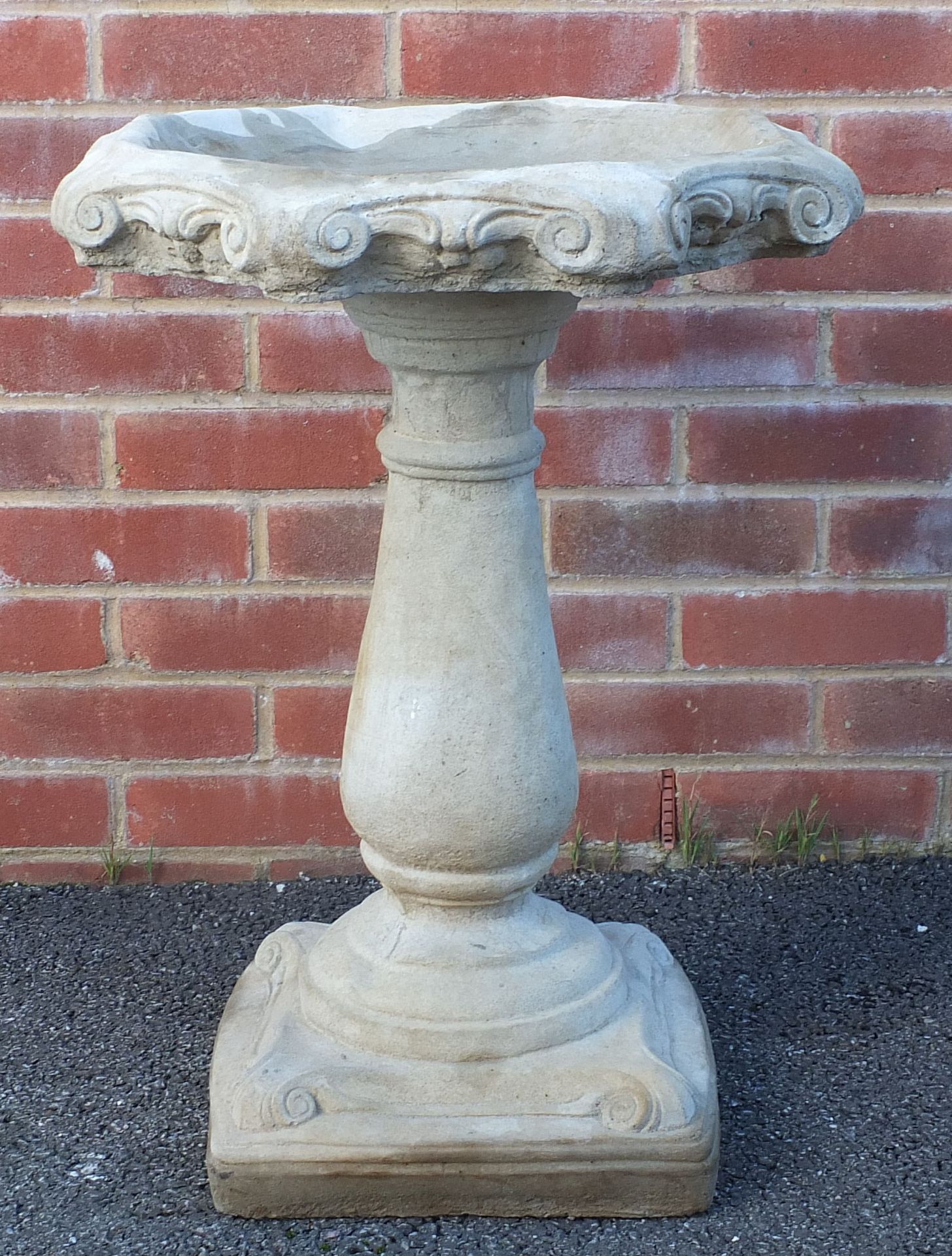 Stoneware garden pedestal birdbath, 67cm high